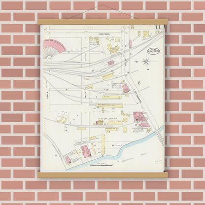 Old map wall art mockup — magnetic wood frame on brick wall — Sanborn Fire Insurance Map from Freeport, Stephenson County, Illinois (1897), Sheet #0011
