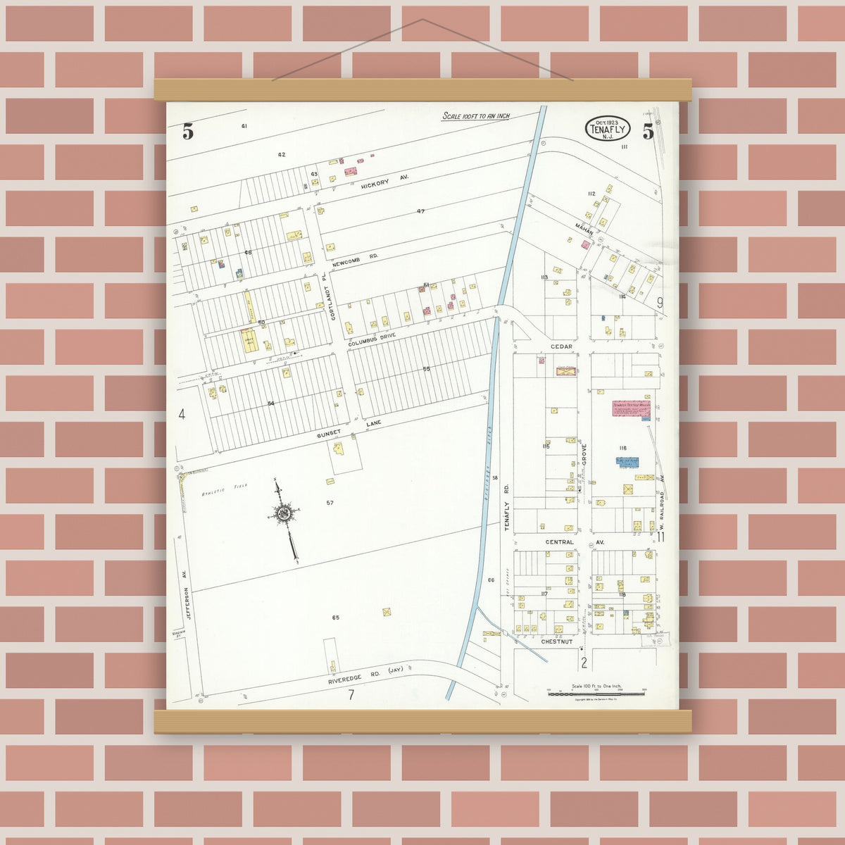 Old map wall art mockup — magnetic wood frame on brick wall — Sanborn Fire Insurance Map from Tenafly, Bergen County, New Jersey (1923), Sheet #0005