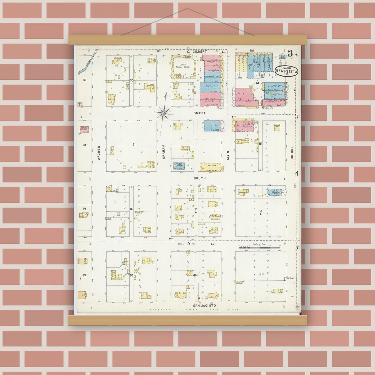 Old map wall art mockup — magnetic wood frame on brick wall — Sanborn Fire Insurance Map from Henrietta, Clay County, Texas (1896), Sheet #0003