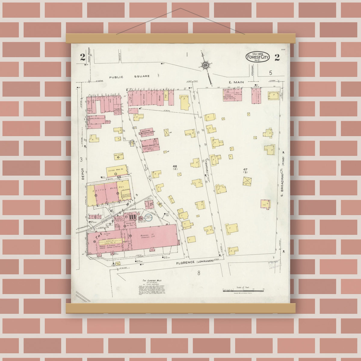Old map wall art mockup — magnetic wood frame on brick wall — Sanborn Fire Insurance Map from Forest City, Rutherford County, North Carolina (1925), Sheet #0002