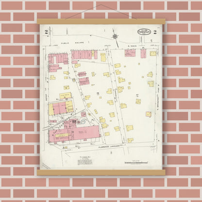 Old map wall art mockup — magnetic wood frame on brick wall — Sanborn Fire Insurance Map from Forest City, Rutherford County, North Carolina (1925), Sheet #0002