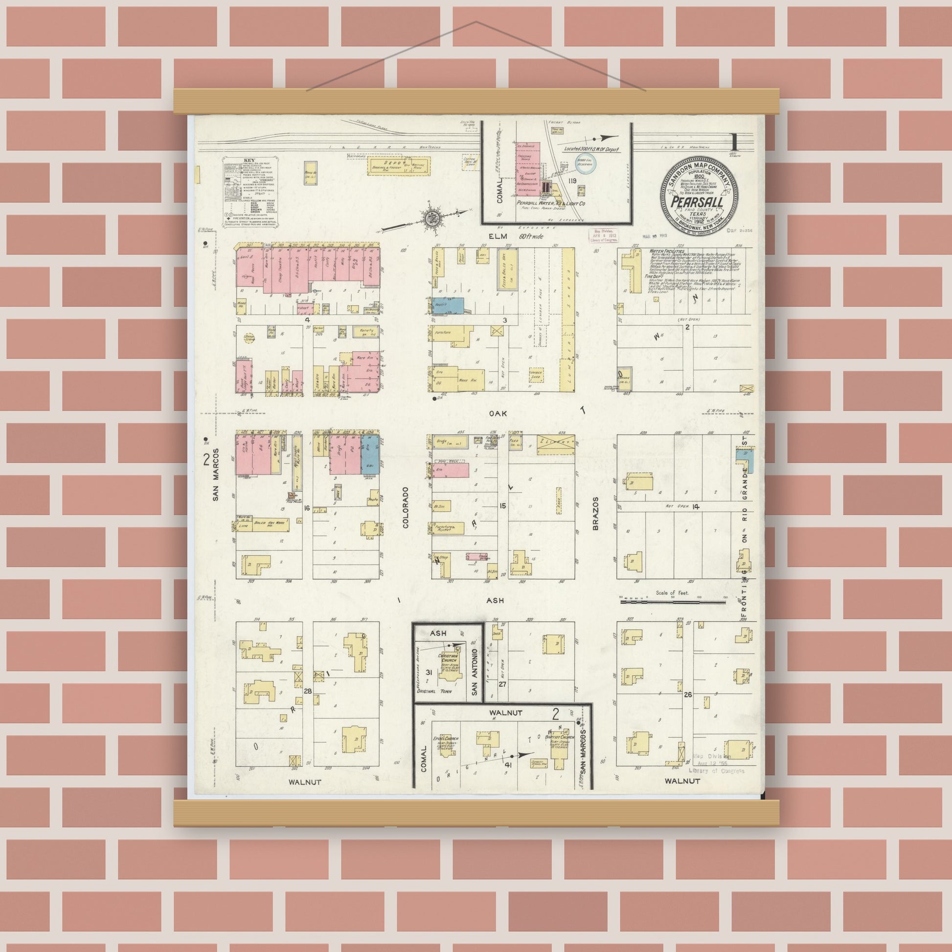 Old map wall art mockup — magnetic wood frame on brick wall — Sanborn Fire Insurance Map from Pearsall, Frio County, Texas (1912) - Complete Map Set