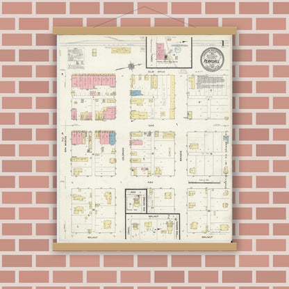 Old map wall art mockup — magnetic wood frame on brick wall — Sanborn Fire Insurance Map from Pearsall, Frio County, Texas (1912) - Complete Map Set