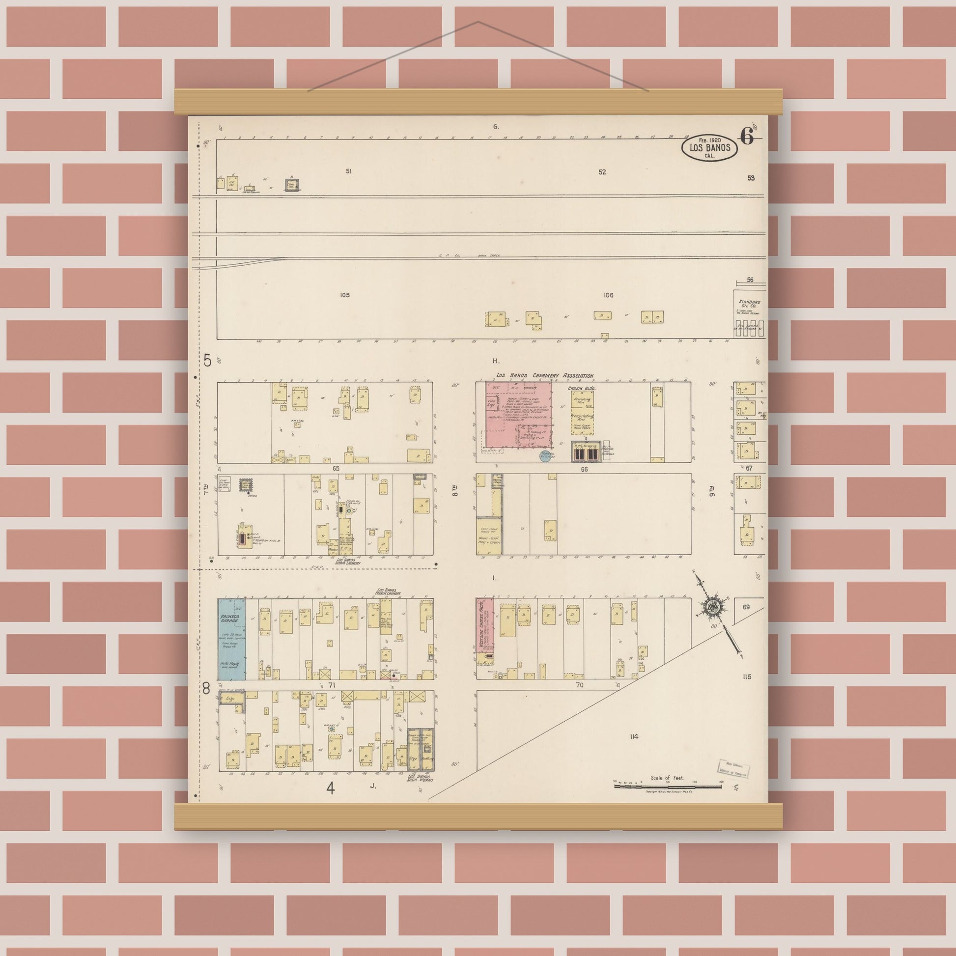 Old map wall art mockup — magnetic wood frame on brick wall — Sanborn Fire Insurance Map from Los Banos, Merced County, California (1920), Sheet #0006