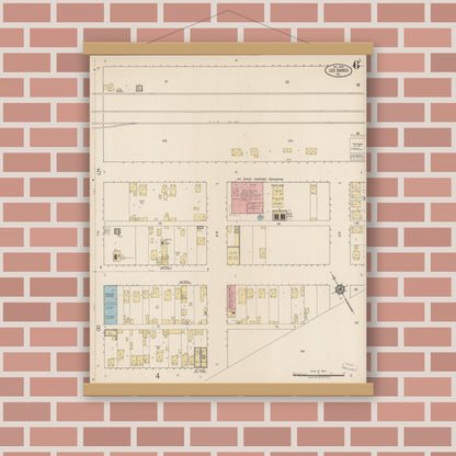 Old map wall art mockup — magnetic wood frame on brick wall — Sanborn Fire Insurance Map from Los Banos, Merced County, California (1920), Sheet #0006