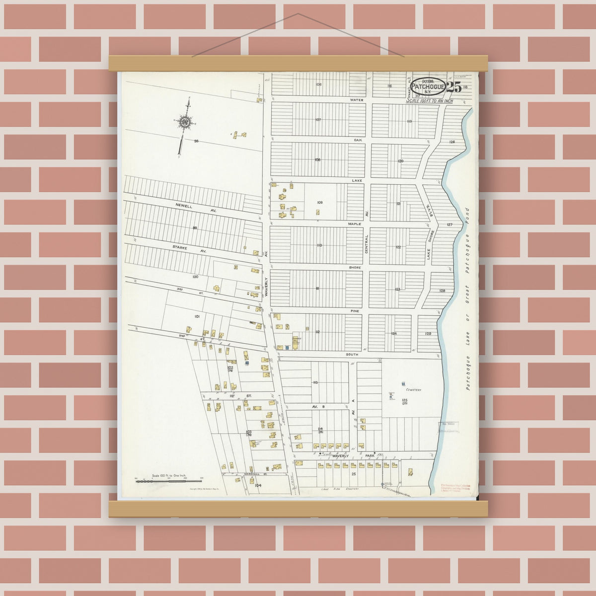 Old map wall art mockup — magnetic wood frame on brick wall — Sanborn Fire Insurance Map from Patchogue, Suffolk County, New York (1916), Sheet #0025