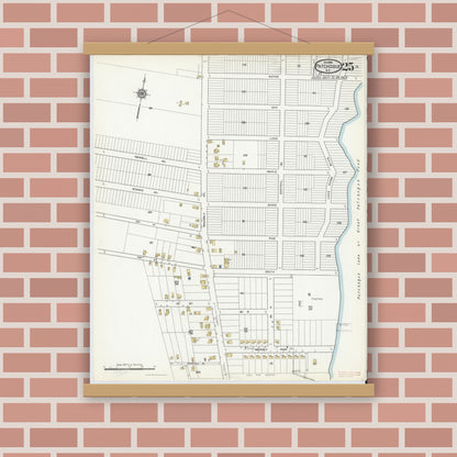 Old map wall art mockup — magnetic wood frame on brick wall — Sanborn Fire Insurance Map from Patchogue, Suffolk County, New York (1916), Sheet #0025