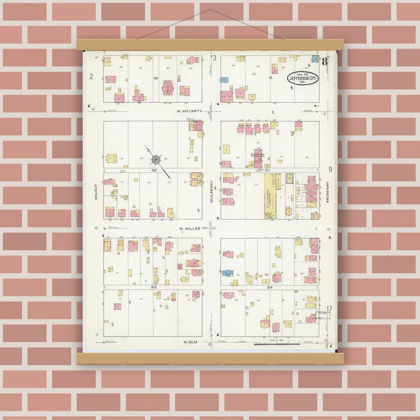 Old map wall art mockup — magnetic wood frame on brick wall — Sanborn Fire Insurance Map from Jefferson City, Cole County, Missouri (1916), Sheet #0008