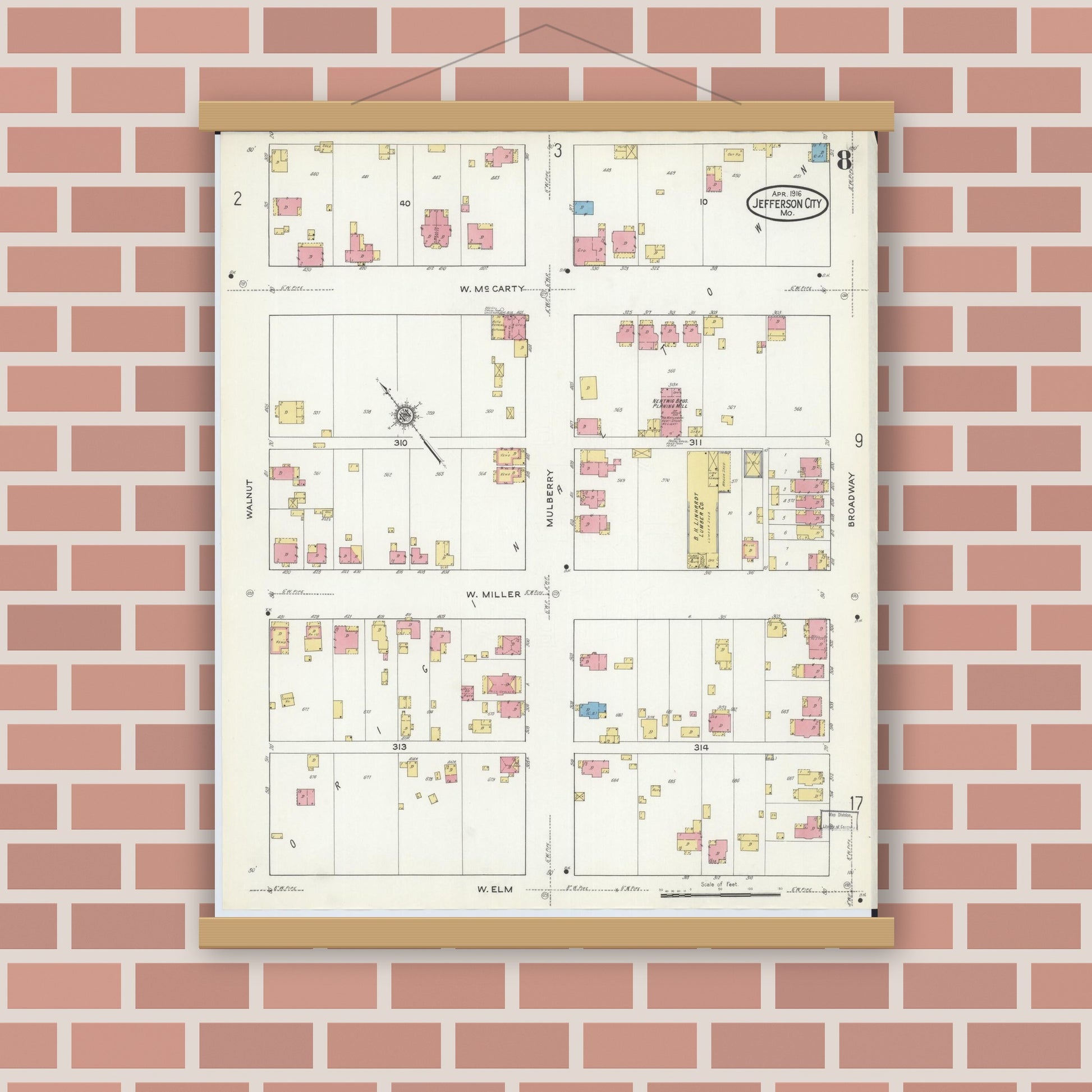 Old map wall art mockup — magnetic wood frame on brick wall — Sanborn Fire Insurance Map from Jefferson City, Cole County, Missouri (1916), Sheet #0008