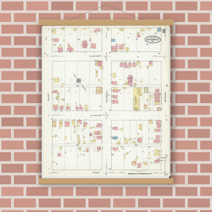 Old map wall art mockup — magnetic wood frame on brick wall — Sanborn Fire Insurance Map from Jefferson City, Cole County, Missouri (1916), Sheet #0008