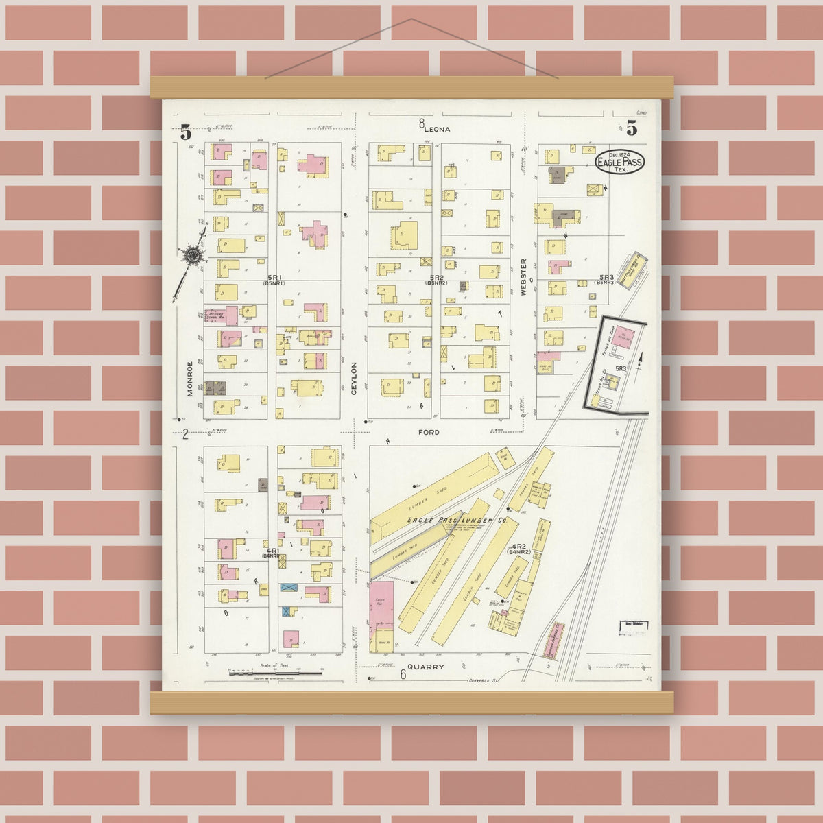 Old map wall art mockup — magnetic wood frame on brick wall — Sanborn Fire Insurance Map from Eagle Pass, Maverick County, Texas (1924), Sheet #0005