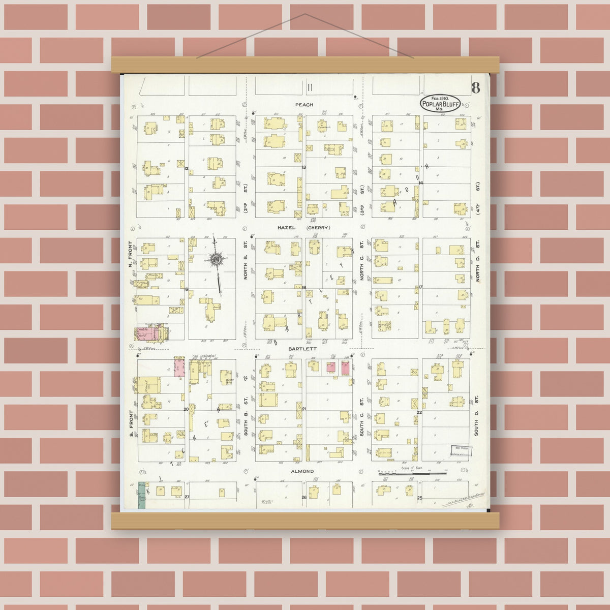 Old map wall art mockup — magnetic wood frame on brick wall — Sanborn Fire Insurance Map from Poplar Bluff, Butler County, Missouri (1910), Sheet #0008