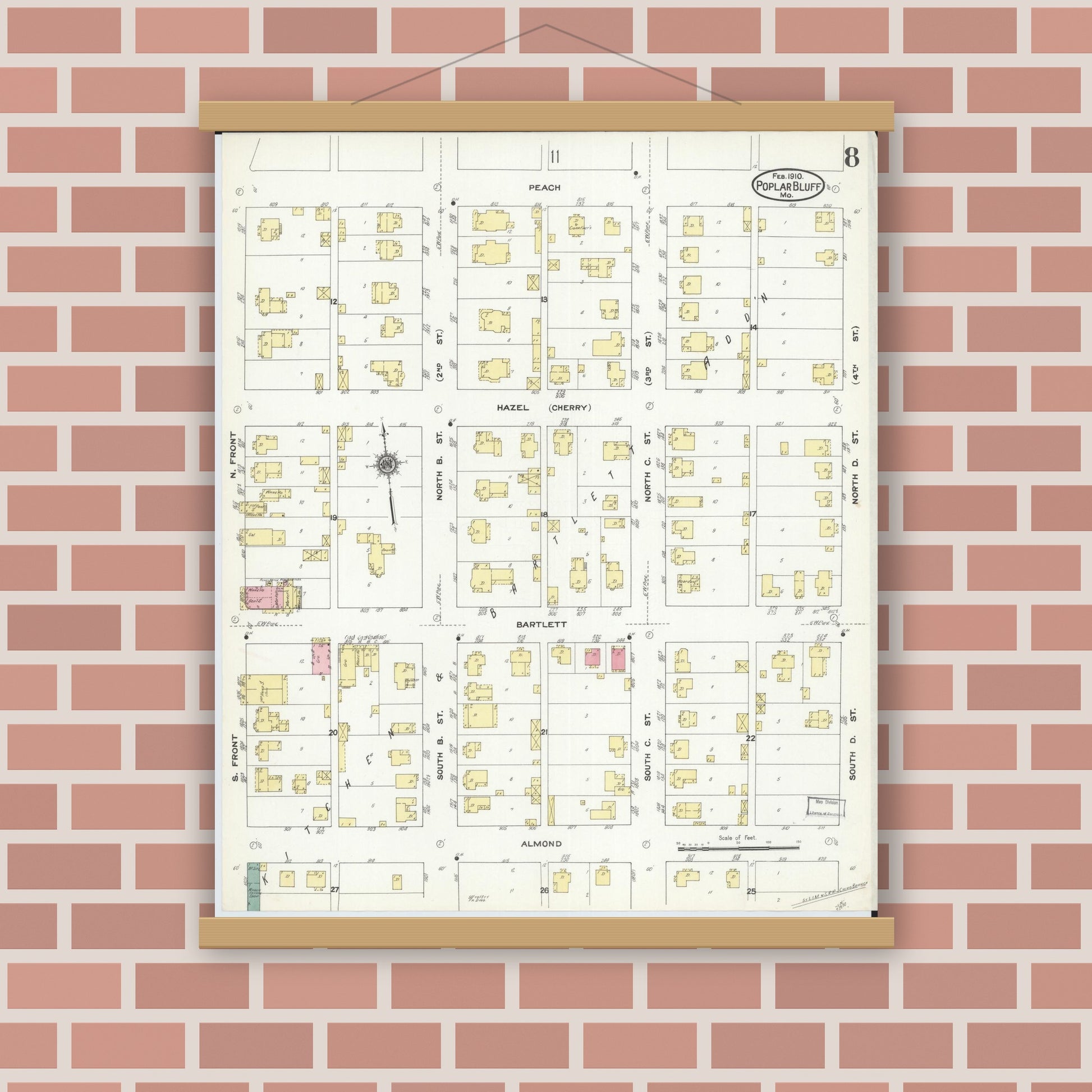 Old map wall art mockup — magnetic wood frame on brick wall — Sanborn Fire Insurance Map from Poplar Bluff, Butler County, Missouri (1910), Sheet #0008