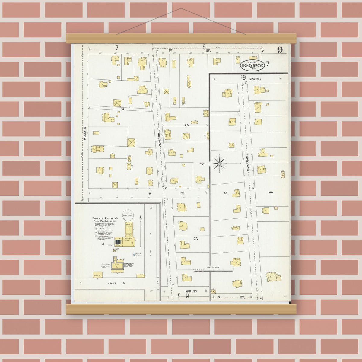Old map wall art mockup — magnetic wood frame on brick wall — Sanborn Fire Insurance Map from Honey Grove, Fannin County, Texas (1902), Sheet #0009