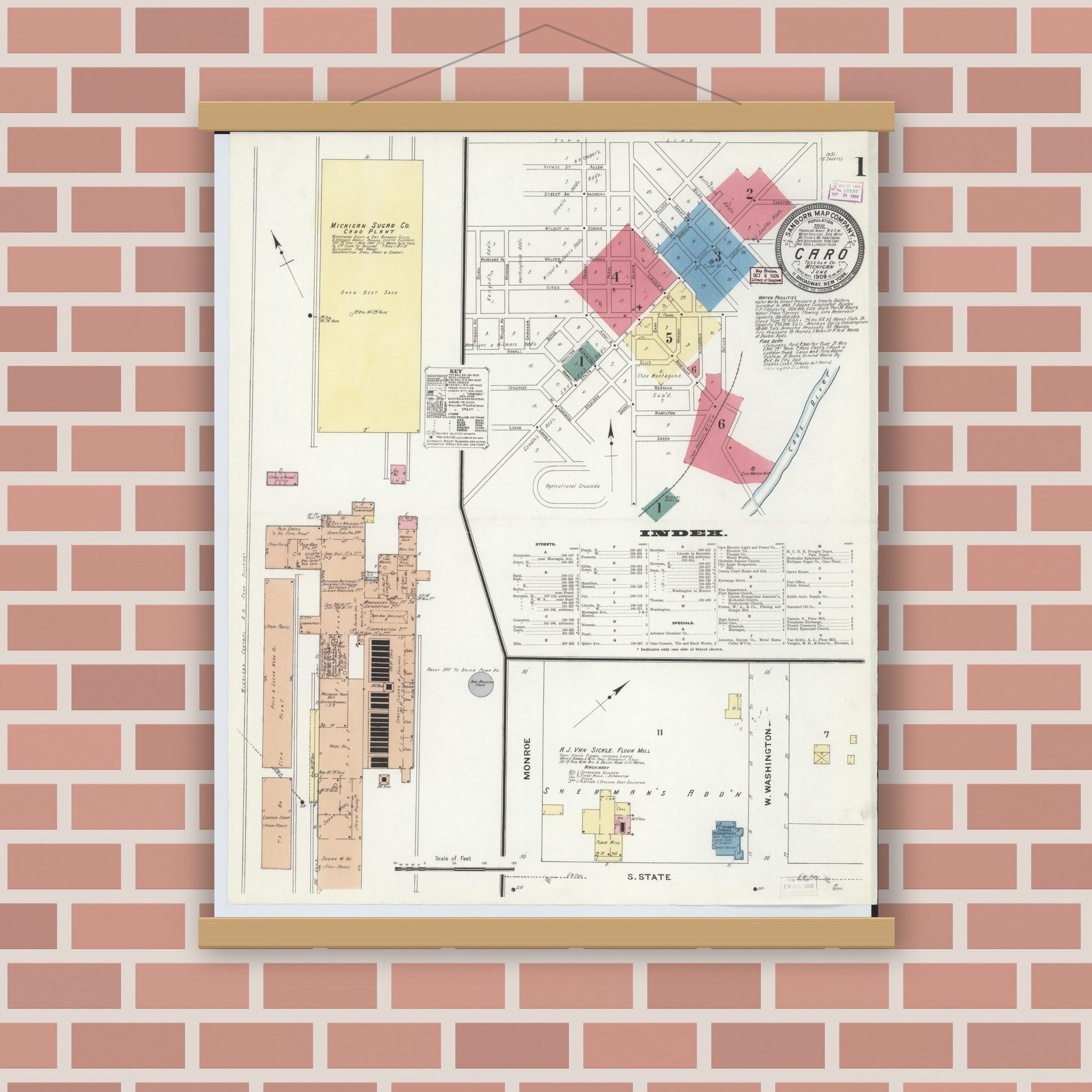 Old map wall art mockup — magnetic wood frame on brick wall — Sanborn Fire Insurance Map from Caro, Tuscola County, Michigan (1909) - Complete Map Set