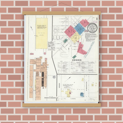Old map wall art mockup — magnetic wood frame on brick wall — Sanborn Fire Insurance Map from Caro, Tuscola County, Michigan (1909) - Complete Map Set