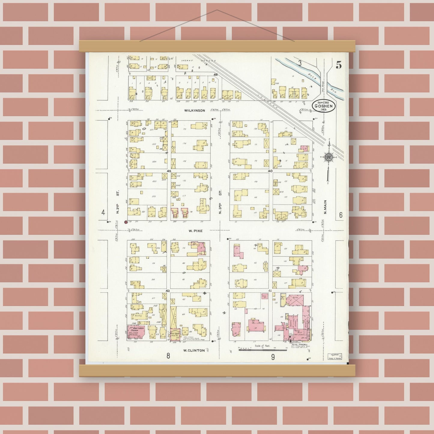 Old map wall art mockup — magnetic wood frame on brick wall — Sanborn Fire Insurance Map from Goshen, Elkhart County, Indiana (1910), Sheet #0005