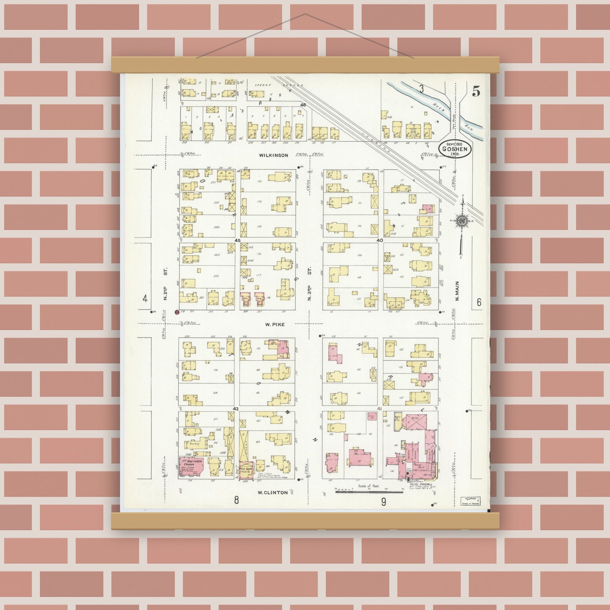 Old map wall art mockup — magnetic wood frame on brick wall — Sanborn Fire Insurance Map from Goshen, Elkhart County, Indiana (1910), Sheet #0005