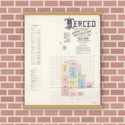 Old map wall art mockup — magnetic wood frame on brick wall — Sanborn Fire Insurance Map from Merced, Merced County, California (1888) - Complete Map Set
