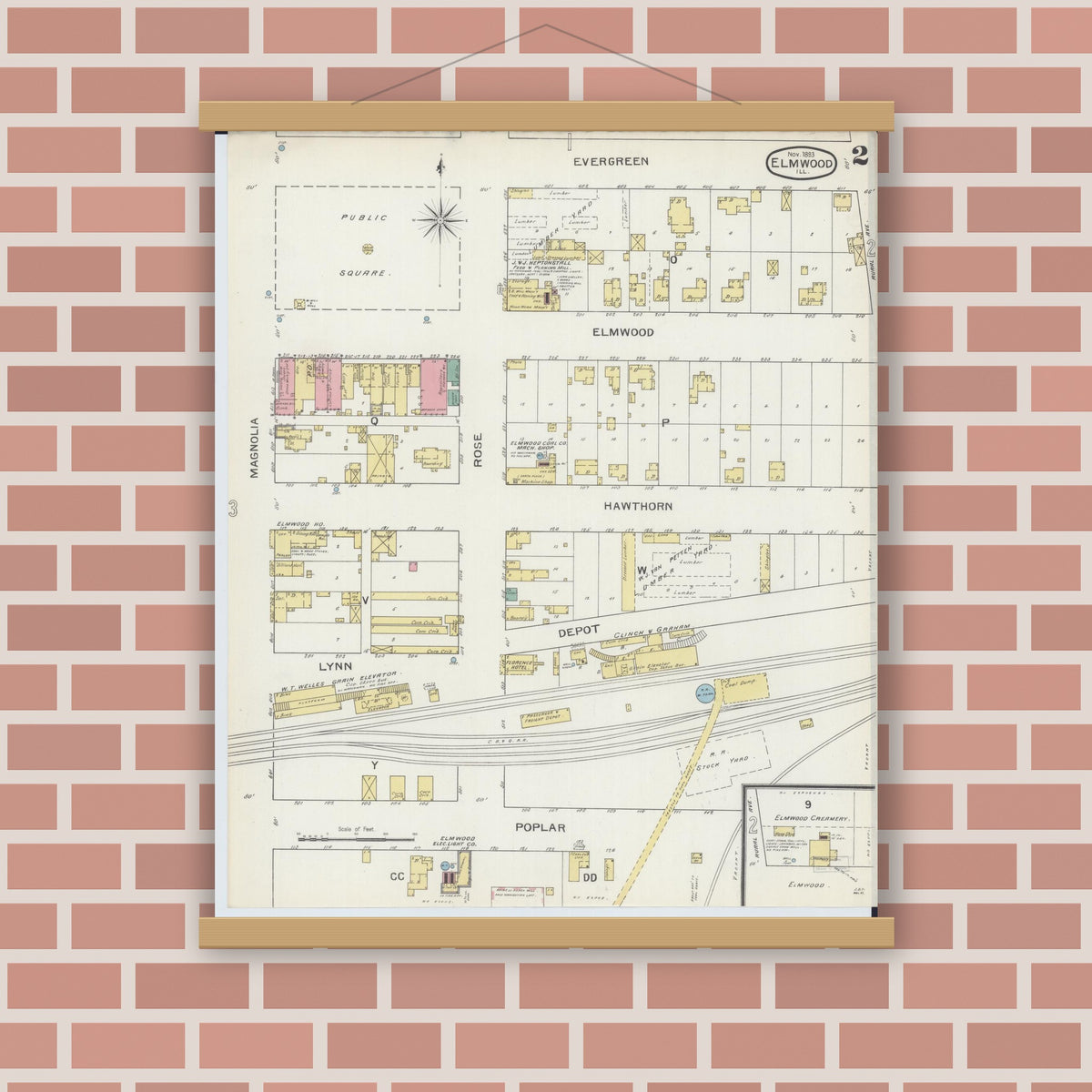 Old map wall art mockup — magnetic wood frame on brick wall — Sanborn Fire Insurance Map from Elmwood, Peoria County, Illinois (1893), Sheet #0002