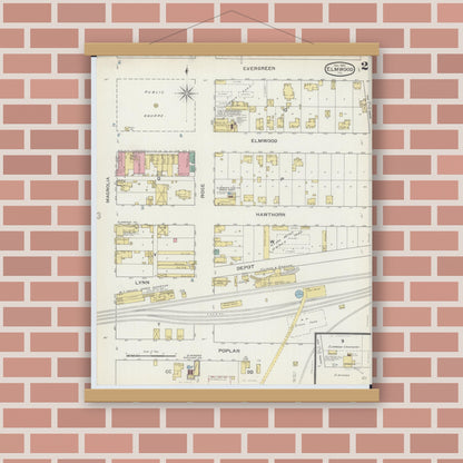 Old map wall art mockup — magnetic wood frame on brick wall — Sanborn Fire Insurance Map from Elmwood, Peoria County, Illinois (1893), Sheet #0002