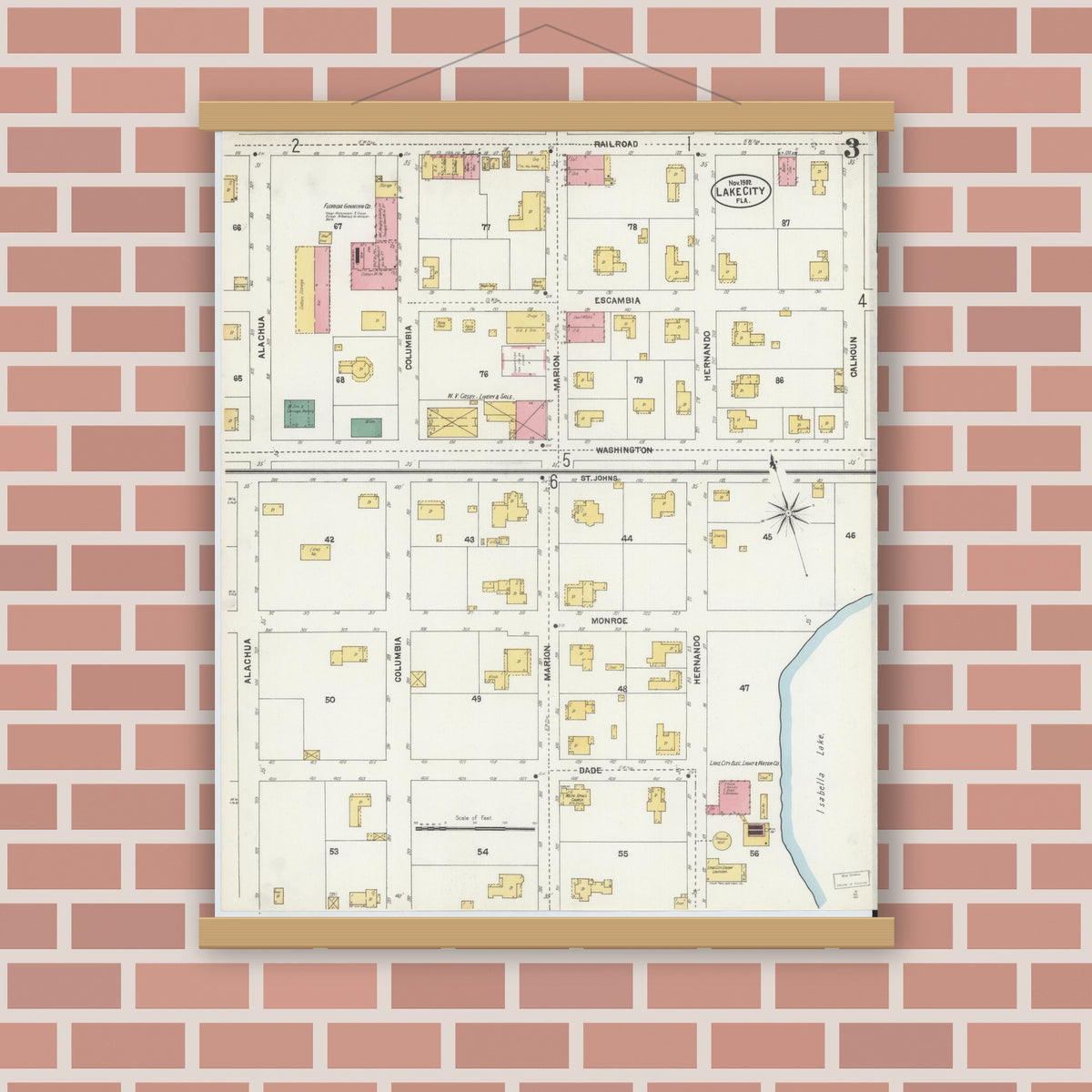 Old map wall art mockup — magnetic wood frame on brick wall — Sanborn Fire Insurance Map from Lake City, Columbia County, Florida (1902), Sheet #0003