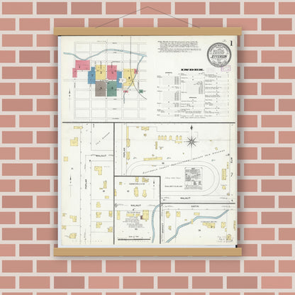 Old map wall art mockup — magnetic wood frame on brick wall — Sanborn Fire Insurance Map from Jefferson, Ashtabula County, Ohio (1909) - Complete Map Set