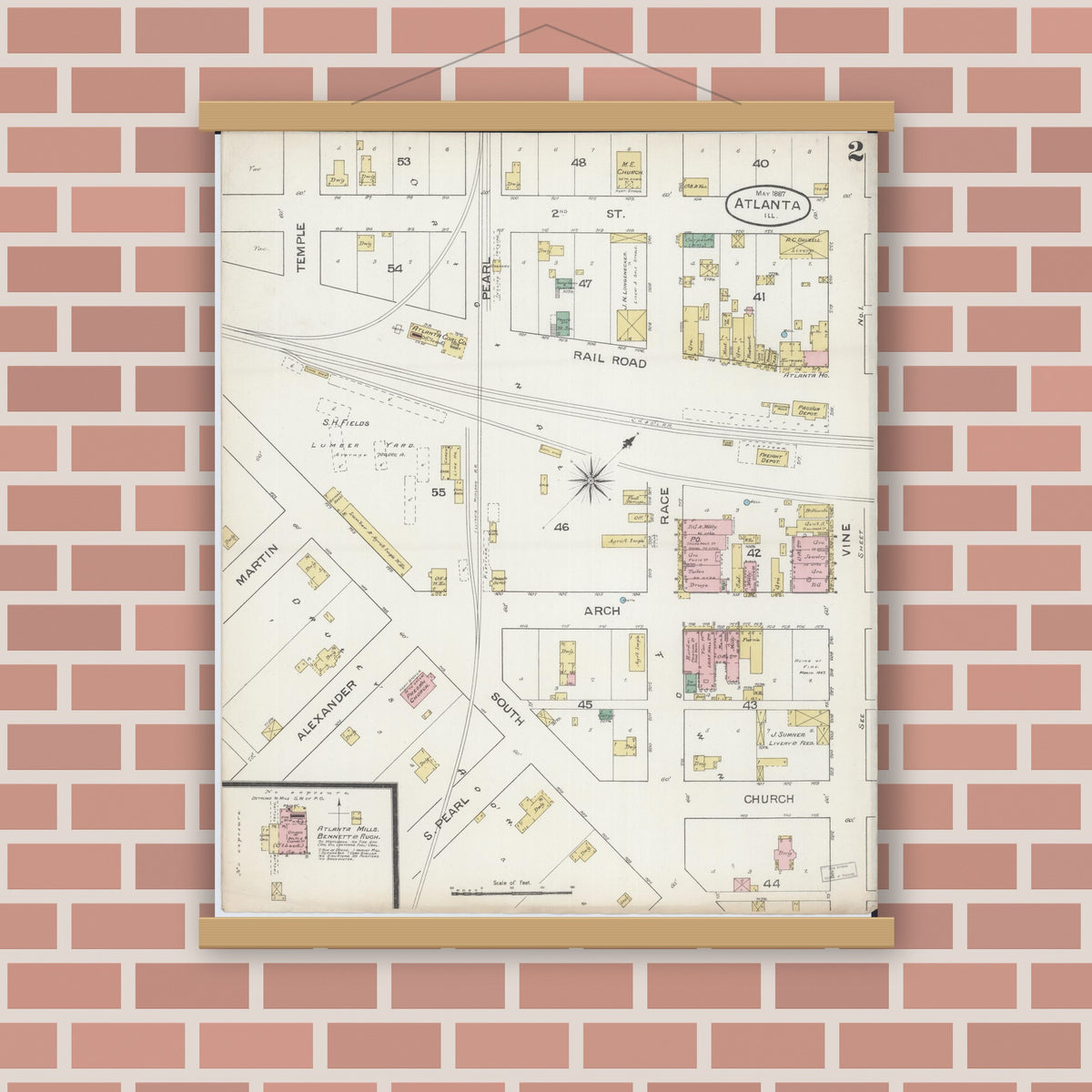 Old map wall art mockup — magnetic wood frame on brick wall — Sanborn Fire Insurance Map from Atlanta, Logan County, Illinois (1887), Sheet #0002