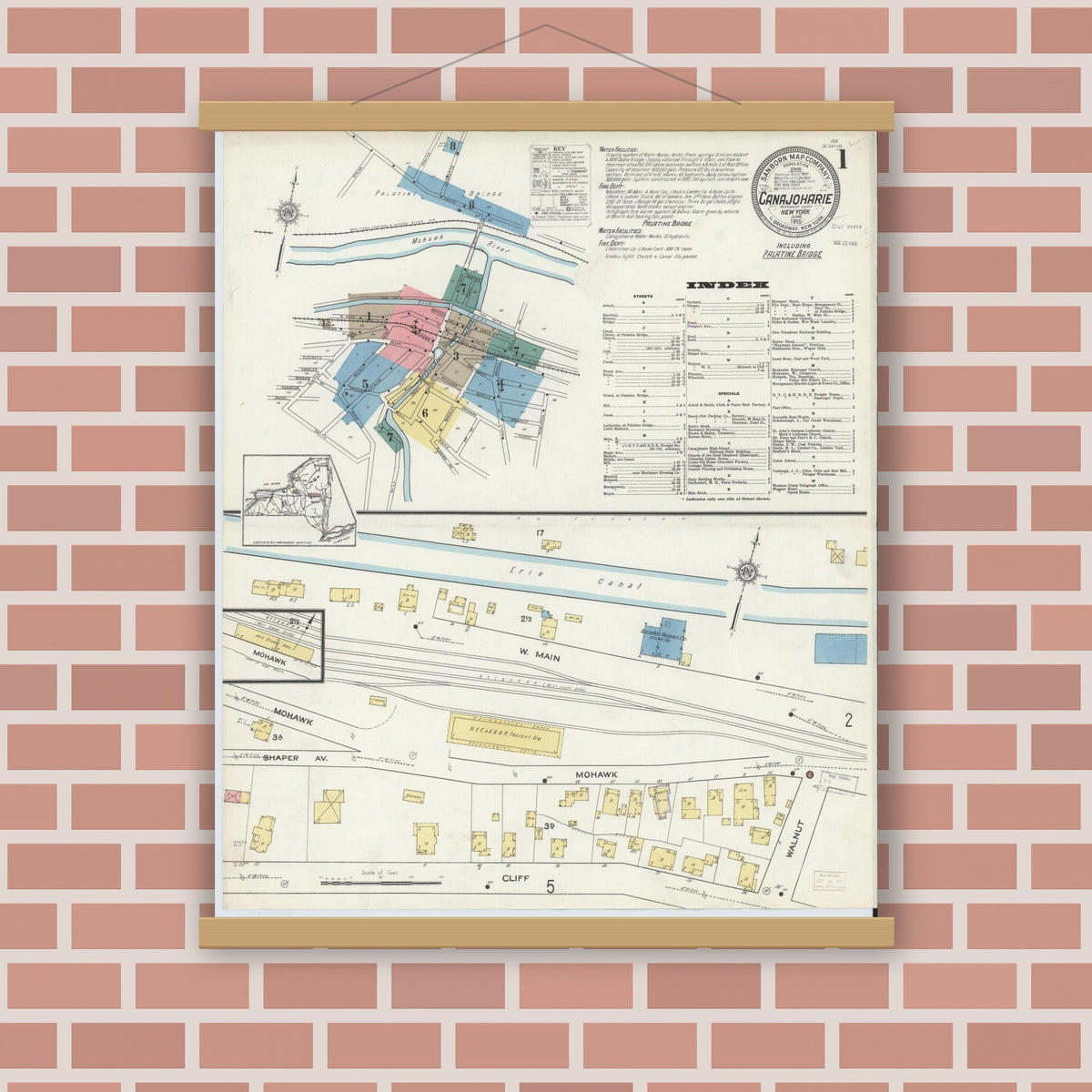 Old map wall art mockup — magnetic wood frame on brick wall — Sanborn Fire Insurance Map from Canajoharie, Montgomery County, New York (1915) - Complete Map Set
