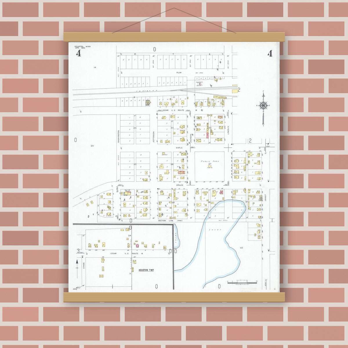 Old map wall art mockup — magnetic wood frame on brick wall — Sanborn Fire Insurance Map from Houston, Houston County, Minnesota (1950), Sheet #0004