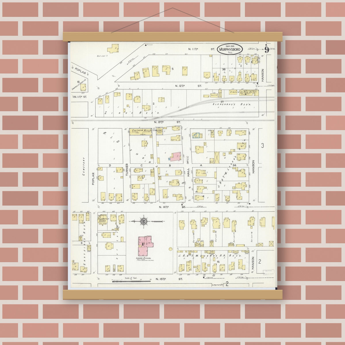 Old map wall art mockup — magnetic wood frame on brick wall — Sanborn Fire Insurance Map from Murphysboro, Jackson County, Illinois (1914), Sheet #0009