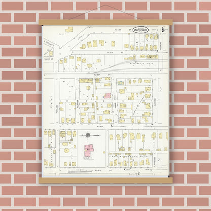 Old map wall art mockup — magnetic wood frame on brick wall — Sanborn Fire Insurance Map from Murphysboro, Jackson County, Illinois (1914), Sheet #0009