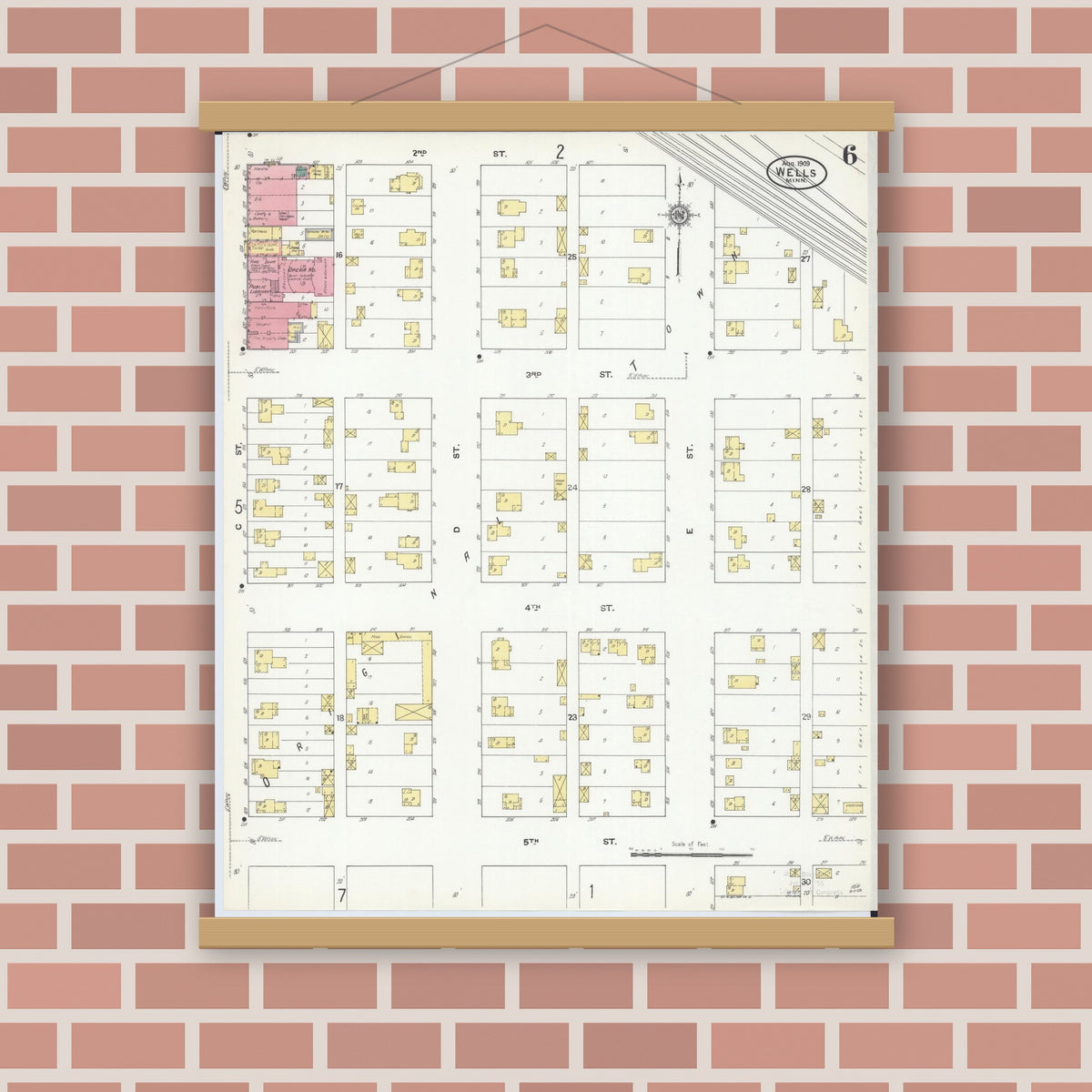 Old map wall art mockup — magnetic wood frame on brick wall — Sanborn Fire Insurance Map from Wells, Faribault County, Minnesota (1909), Sheet #0006