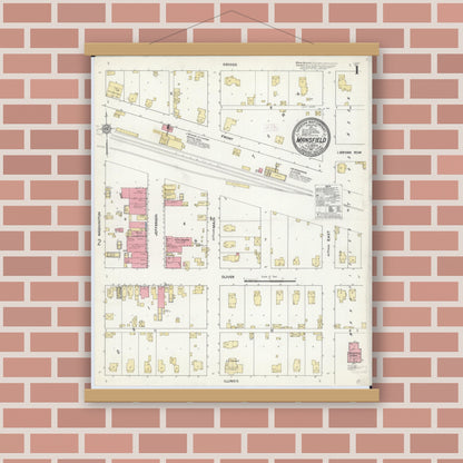 Old map wall art mockup — magnetic wood frame on brick wall — Sanborn Fire Insurance Map from Mansfield, Piatt County, Illinois (1911) - Complete Map Set