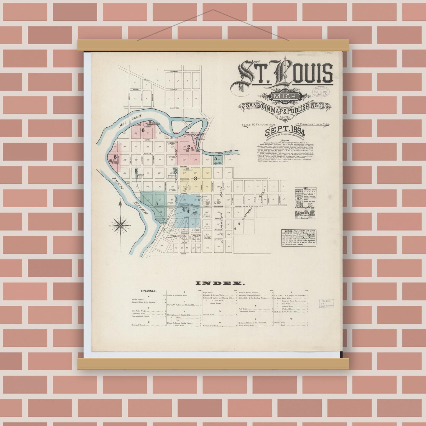 Old map wall art mockup — magnetic wood frame on brick wall — Sanborn Fire Insurance Map from Saint Louis, Gratiot County, Michigan (1884) - Complete Map Set