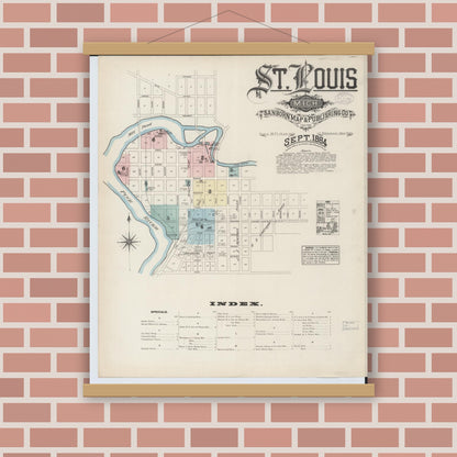 Old map wall art mockup — magnetic wood frame on brick wall — Sanborn Fire Insurance Map from Saint Louis, Gratiot County, Michigan (1884) - Complete Map Set