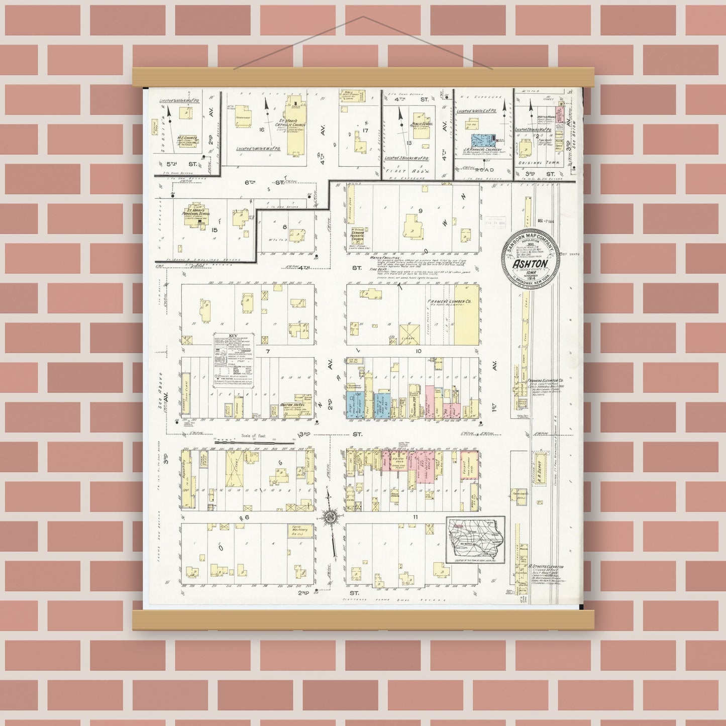 Old map wall art mockup — magnetic wood frame on brick wall — Sanborn Fire Insurance Map from Ashton, Osceola County, Iowa (1914), Sheet #0001