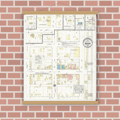 Old map wall art mockup — magnetic wood frame on brick wall — Sanborn Fire Insurance Map from Ashton, Osceola County, Iowa (1914), Sheet #0001