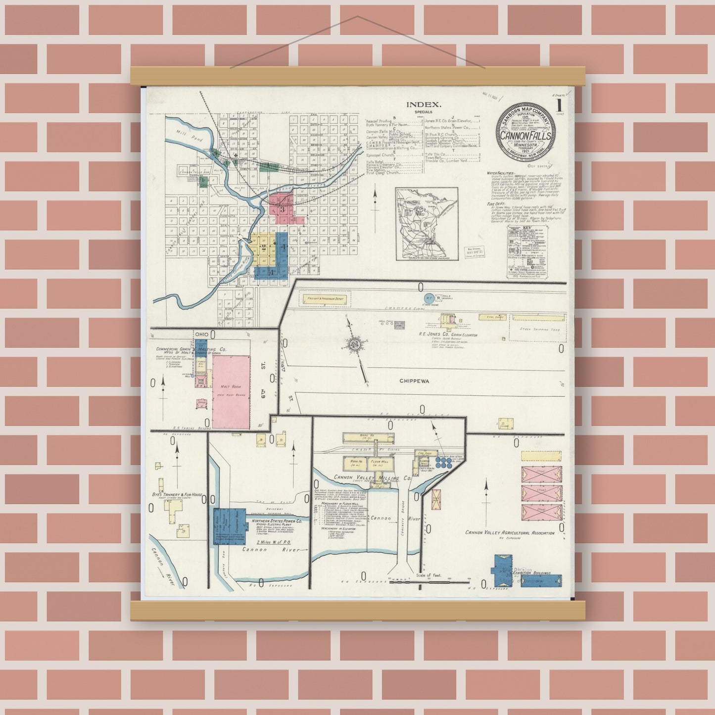 Old map wall art mockup — magnetic wood frame on brick wall — Sanborn Fire Insurance Map from Cannon Falls, Goodhue County, Minnesota (1921) - Complete Map Set