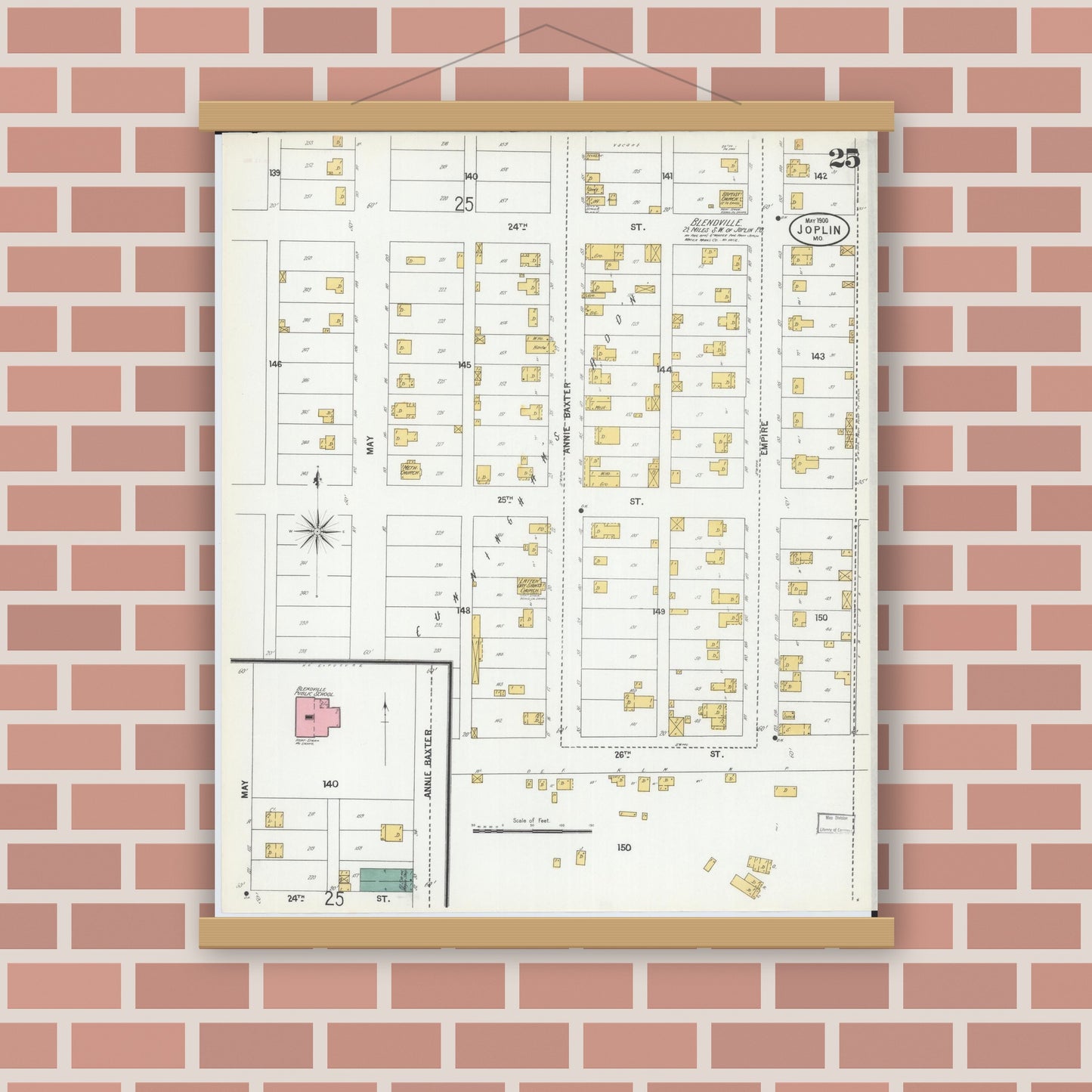 Old map wall art mockup — magnetic wood frame on brick wall — Sanborn Fire Insurance Map from Joplin, Jasper County, Missouri (1900), Sheet #0025