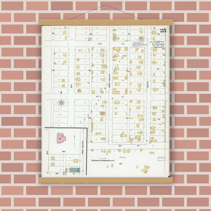 Old map wall art mockup — magnetic wood frame on brick wall — Sanborn Fire Insurance Map from Joplin, Jasper County, Missouri (1900), Sheet #0025