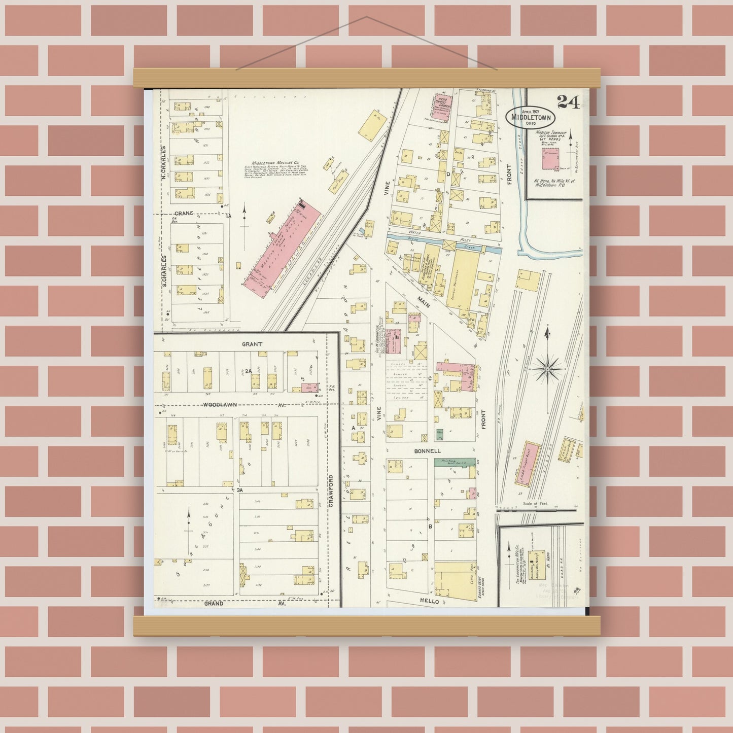 Old map wall art mockup — magnetic wood frame on brick wall — Sanborn Fire Insurance Map from Middletown, Butler County, Ohio (1907), Sheet #0024