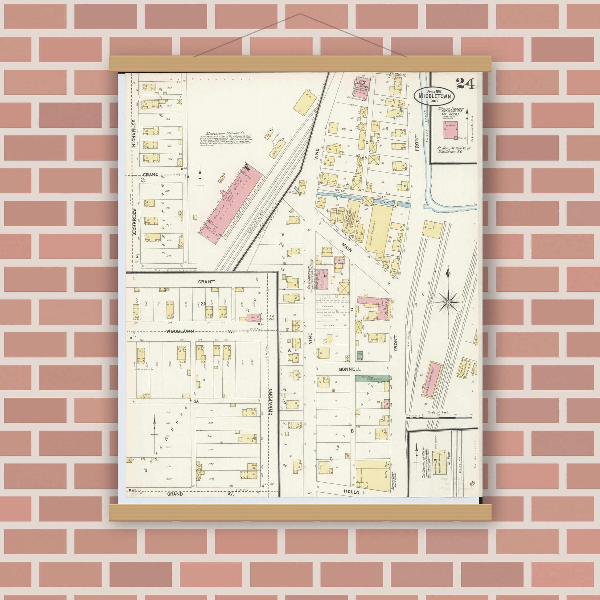 Old map wall art mockup — magnetic wood frame on brick wall — Sanborn Fire Insurance Map from Middletown, Butler County, Ohio (1907), Sheet #0024