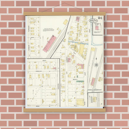Old map wall art mockup — magnetic wood frame on brick wall — Sanborn Fire Insurance Map from Middletown, Butler County, Ohio (1907), Sheet #0024
