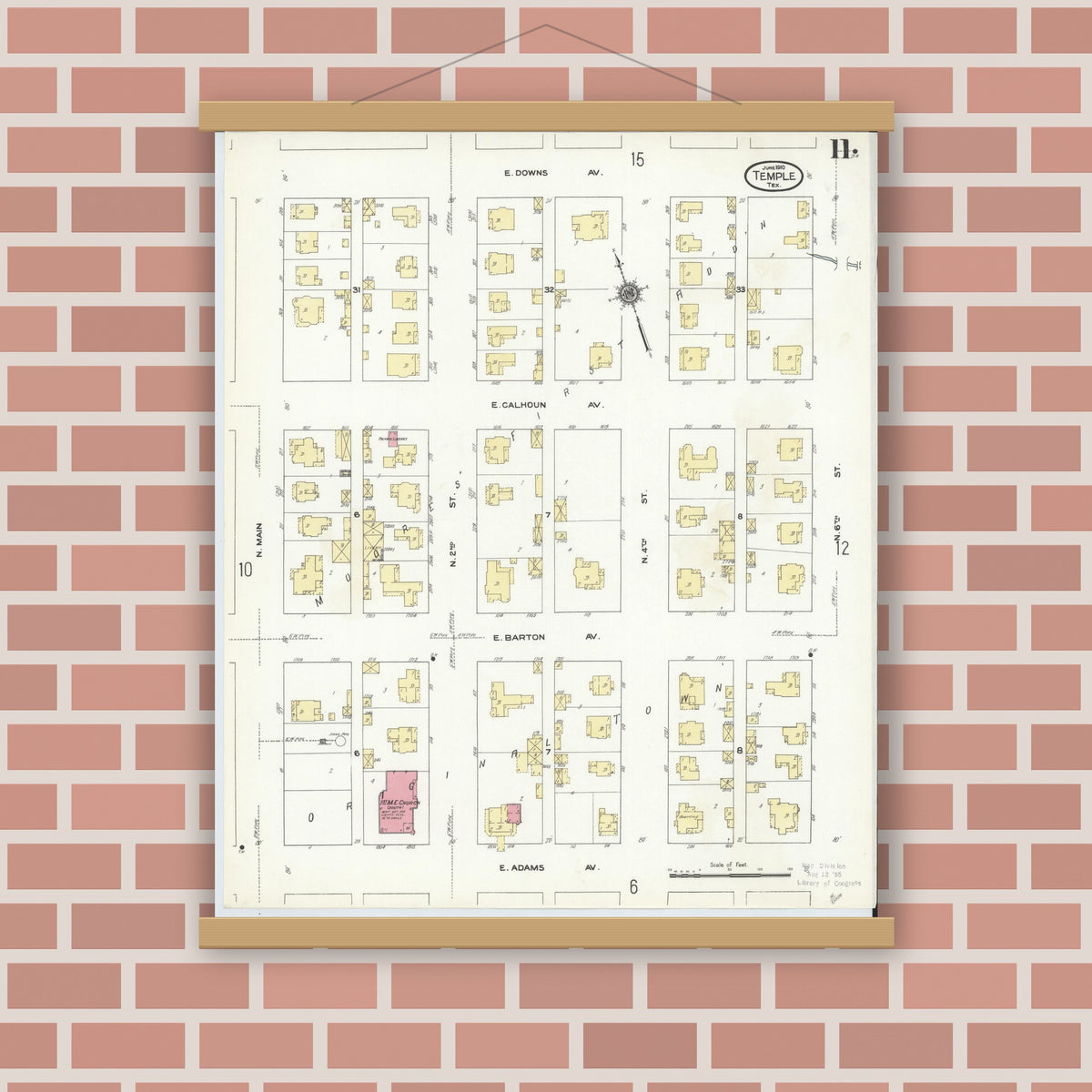 Old map wall art mockup — magnetic wood frame on brick wall — Sanborn Fire Insurance Map from Temple, Bell County, Texas (1910), Sheet #0011