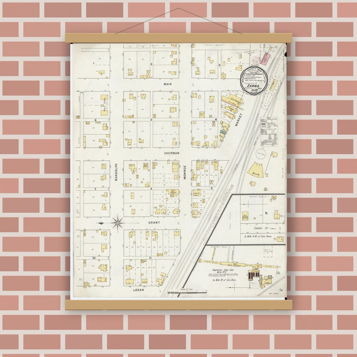 Old map wall art mockup — magnetic wood frame on brick wall — Sanborn Fire Insurance Map from Evans, Mahaska County, Iowa (1895), Sheet #0001