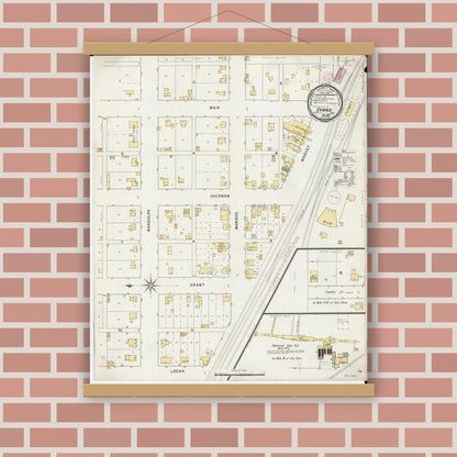 Old map wall art mockup — magnetic wood frame on brick wall — Sanborn Fire Insurance Map from Evans, Mahaska County, Iowa (1895), Sheet #0001