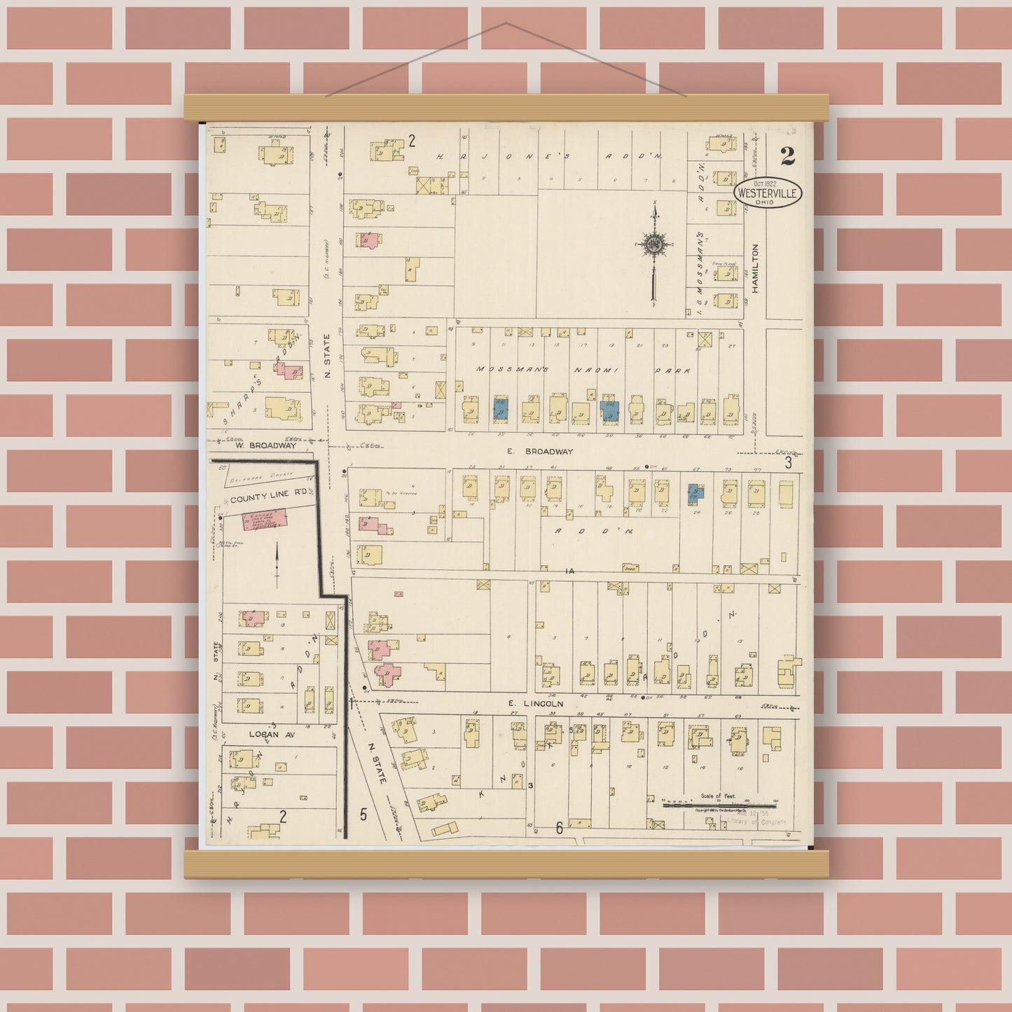 Old map wall art mockup — magnetic wood frame on brick wall — Sanborn Fire Insurance Map from Westerville, Franklin County, Ohio (1922), Sheet #0002