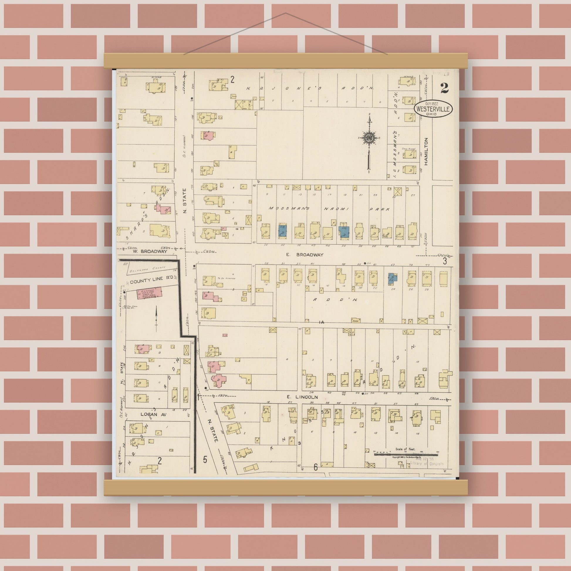 Old map wall art mockup — magnetic wood frame on brick wall — Sanborn Fire Insurance Map from Westerville, Franklin County, Ohio (1922), Sheet #0002