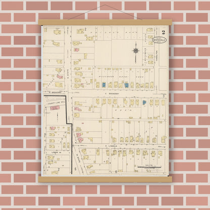 Old map wall art mockup — magnetic wood frame on brick wall — Sanborn Fire Insurance Map from Westerville, Franklin County, Ohio (1922), Sheet #0002